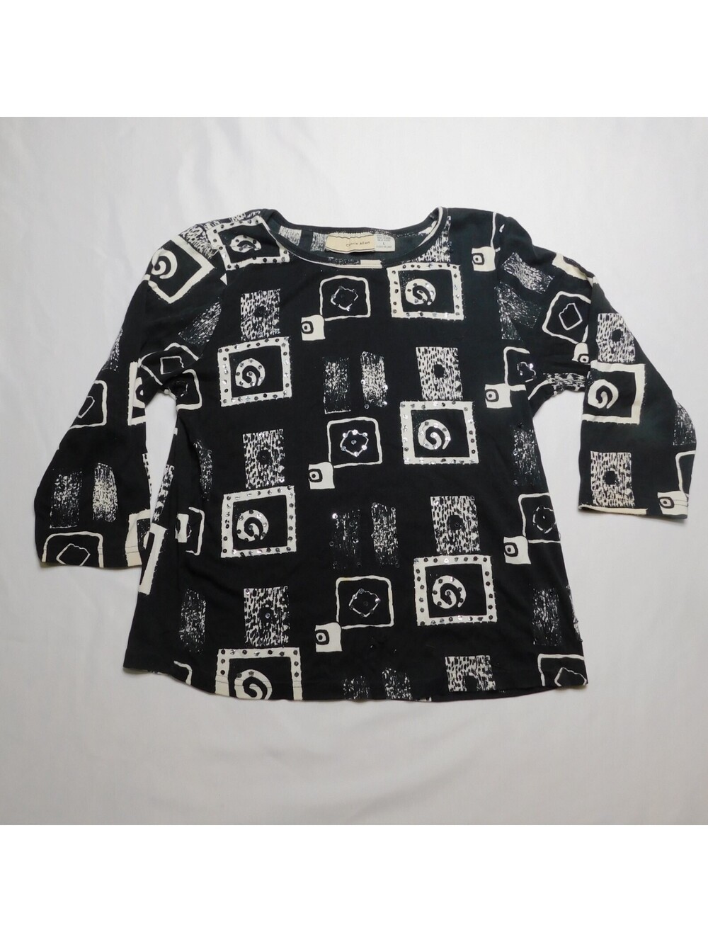 Vintage 90s Carrie Allen Womens Large L Black White Geometric Sequin Cotton Shir